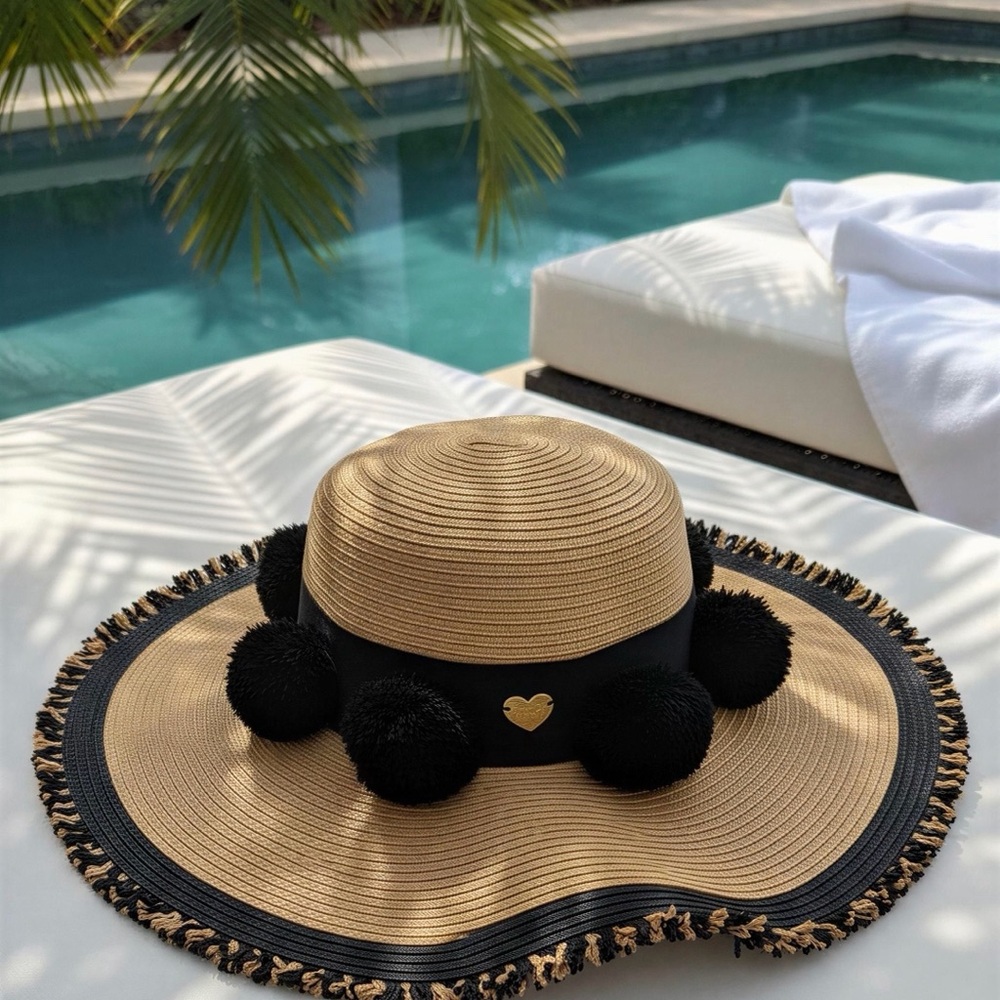 Betsy Johnson Raffia‎ Straw Sun Hat with Black Pom-Pom Trim -- OS